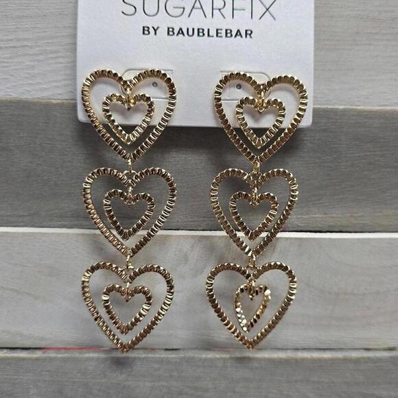 Stacked Gold Heart Drop Earrings - Gold | SUGARFIX by BaubleBar - Picture 2 of 7